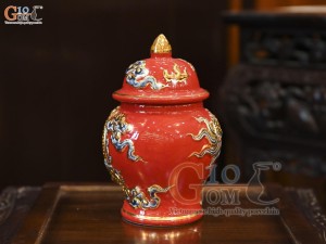 Chóe thờ men màu đắp nổi Rồng Như Ý nền đỏ vẽ vàng 24k, cao 18cm