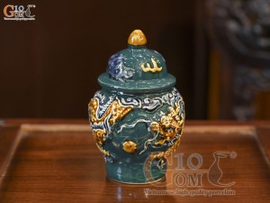 Chóe thờ men màu đắp nổi Rồng Như Ý nền xanh lục bảo, cao 12cm