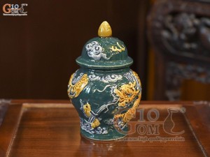 Chóe thờ men màu đắp nổi Rồng Như Ý nền xanh lục bảo, cao 14cm