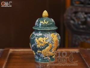 Chóe thờ men màu đắp nổi Rồng Như Ý nền xanh lục bảo, cao 14cm