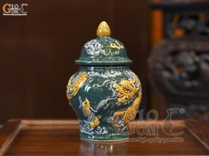 Chóe thờ men màu đắp nổi Rồng Như Ý nền xanh lục bảo, cao 14cm