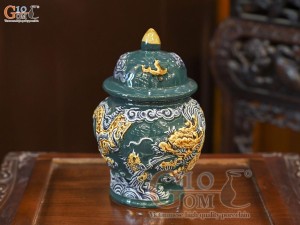 Chóe thờ men màu đắp nổi Rồng Như Ý nền xanh lục bảo, cao 18cm