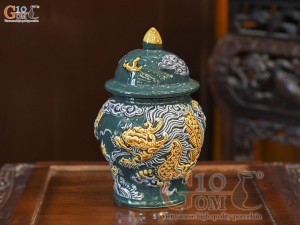 Chóe thờ men màu đắp nổi Rồng Như Ý nền xanh lục bảo, cao 18cm