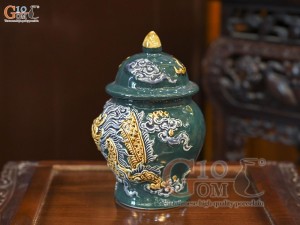 Chóe thờ men màu đắp nổi Rồng Như Ý nền xanh lục bảo, cao 18cm