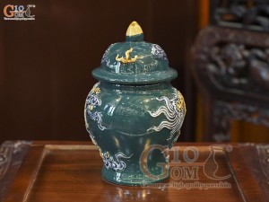 Chóe thờ men màu đắp nổi Rồng Như Ý nền xanh lục bảo, cao 18cm