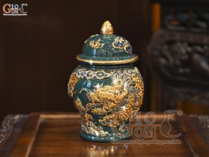Chóe thờ men màu đắp nổi Rồng Như Ý nền xanh lục bảo vẽ vàng 24k, cao 16cm