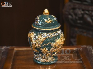 Chóe thờ men màu đắp nổi Rồng Như Ý nền xanh lục bảo vẽ vàng 24k, cao 22cm