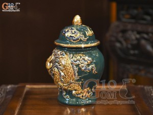 Chóe thờ men màu đắp nổi Rồng Như Ý nền xanh lục bảo vẽ vàng 24k, cao 22cm