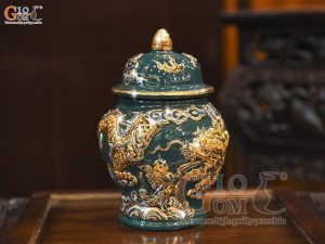 Chóe thờ men màu đắp nổi Rồng Như Ý nền xanh lục bảo vẽ vàng 24k, cao 22cm