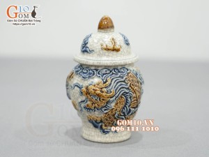 Chóe thờ men rạn đắp nổi Rồng Như Ý, cao 14cm