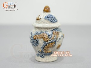 Chóe thờ men rạn đắp nổi Rồng Như Ý, cao 14cm