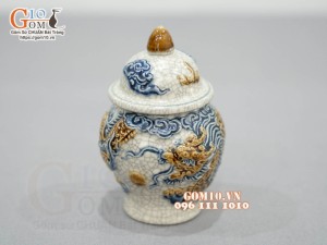 Chóe thờ men rạn đắp nổi Rồng Như Ý, cao 14cm