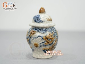 Chóe thờ men rạn đắp nổi Rồng Như Ý, cao 12cm