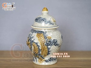 Chóe thờ men rạn đắp nổi Rồng Phú Quý, cao 17cm