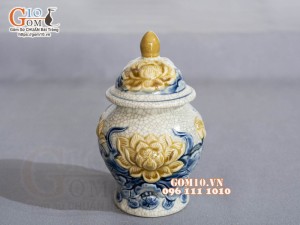 Chóe thờ men rạn đắp nổi Sen Đại Cát, cao 17cm (S2)