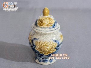 Chóe thờ men rạn đắp nổi Sen Đại Cát, cao 17cm (S2)