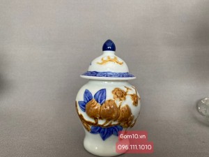 Choé thờ men rong cổ đắp nổi đào cao 16cm