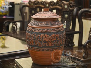 Chum gốm dáng tròn đựng gạo khắc nổi cao cấp, 20kg