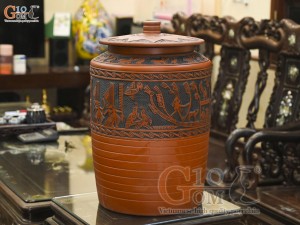 Chum gốm dáng trụ đựng gạo khắc nổi cao cấp, 20kg
