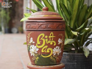 Chum gốm đất đỏ đựng gạo khắc hoa Sen Bình An, 10kg
