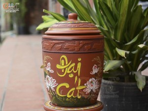 Chum gốm đất đỏ đựng gạo khắc hoa Sen Đại Cát, 10kg