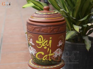 Chum gốm đất đỏ đựng gạo khắc hoa Sen Đại Cát, 10kg