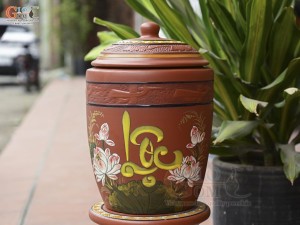 Chum gốm đất đỏ đựng gạo khắc hoa Sen Lộc, 20kg