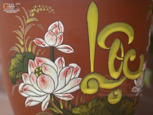 Chum gốm đất đỏ đựng gạo khắc hoa Sen Lộc, 20kg