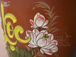 Chum gốm đất đỏ đựng gạo khắc hoa Sen Lộc, 20kg (nắp thấp)