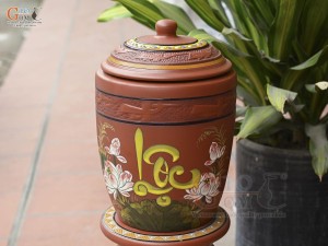 Chum gốm đất đỏ đựng gạo khắc hoa Sen Lộc, 20kg