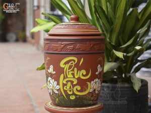 Chum gốm đất đỏ đựng gạo khắc hoa Sen Phúc Lộc, 10kg