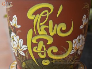 Chum gốm đất đỏ đựng gạo khắc hoa Sen Phúc Lộc, 10kg