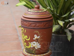 Chum gốm đất đỏ đựng gạo khắc hoa Sen Phúc Lộc, 10kg