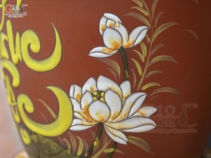 Chum gốm đất đỏ đựng gạo khắc hoa Sen Phúc Lộc, 10kg