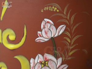 Chum gốm đất đỏ đựng gạo khắc hoa Sen Phúc Lộc, 20kg (nắp thấp)