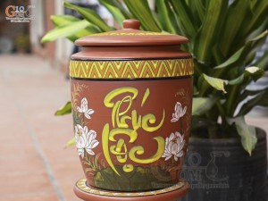 Chum gốm đất đỏ đựng gạo khắc hoa Sen Phúc Lộc, 20kg (nắp thấp)
