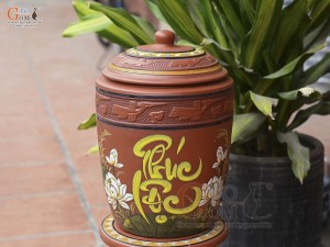 Chum gốm đất đỏ đựng gạo khắc hoa Sen Phúc Lộc, 10kg