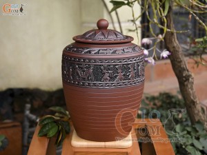 Chum gốm đựng gạo họa tiết Đông Sơn Âu Lạc nắp thấp, 30kg