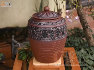 Chum gốm đựng gạo họa tiết Đông Sơn Âu Lạc nắp thấp, 30kg