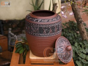 Chum gốm đựng gạo họa tiết Đông Sơn Âu Lạc nắp thấp, 30kg