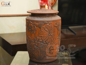 Chum gốm đựng gạo khắc Chép Sen cao cấp, 30kg