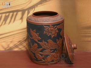 Chum gốm đựng gạo khắc Chép Sen nền đen cao cấp, 20kg