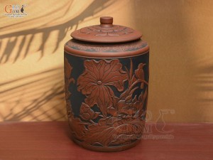 Chum gốm đựng gạo khắc Chép Sen nền đen cao cấp, 10kg