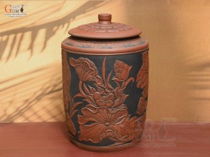 Chum gốm đựng gạo khắc Chép Sen nền đen cao cấp, 20kg