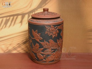 Chum gốm đựng gạo khắc Chép Sen nền đen cao cấp, 20kg