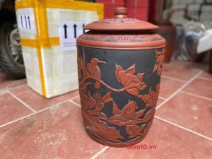 Chum gốm đựng gạo khắc Chép Sen nền đen cao cấp, 20kg
