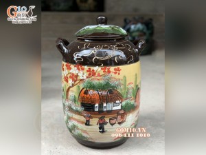 Chum gốm đựng gạo men màu họa tiết Làng Quê 20kg