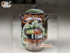 Chum gốm đựng gạo men nâu họa tiết Làng Quê 10kg