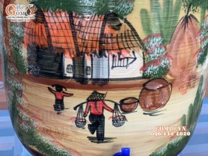 Chum gốm đựng rượu men màu họa tiết Làng Quê 30L (Có Vòi)
