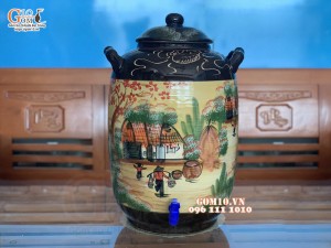 Chum gốm đựng rượu men màu họa tiết Làng Quê 30L (Có Vòi)
